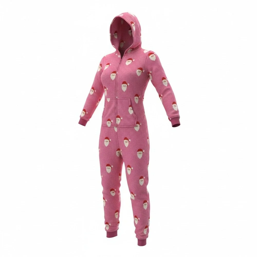 Forever 21 Kids Girls 9/10 Pink Santa Hooded One Piece‎ Pajamas Christmas Cozy